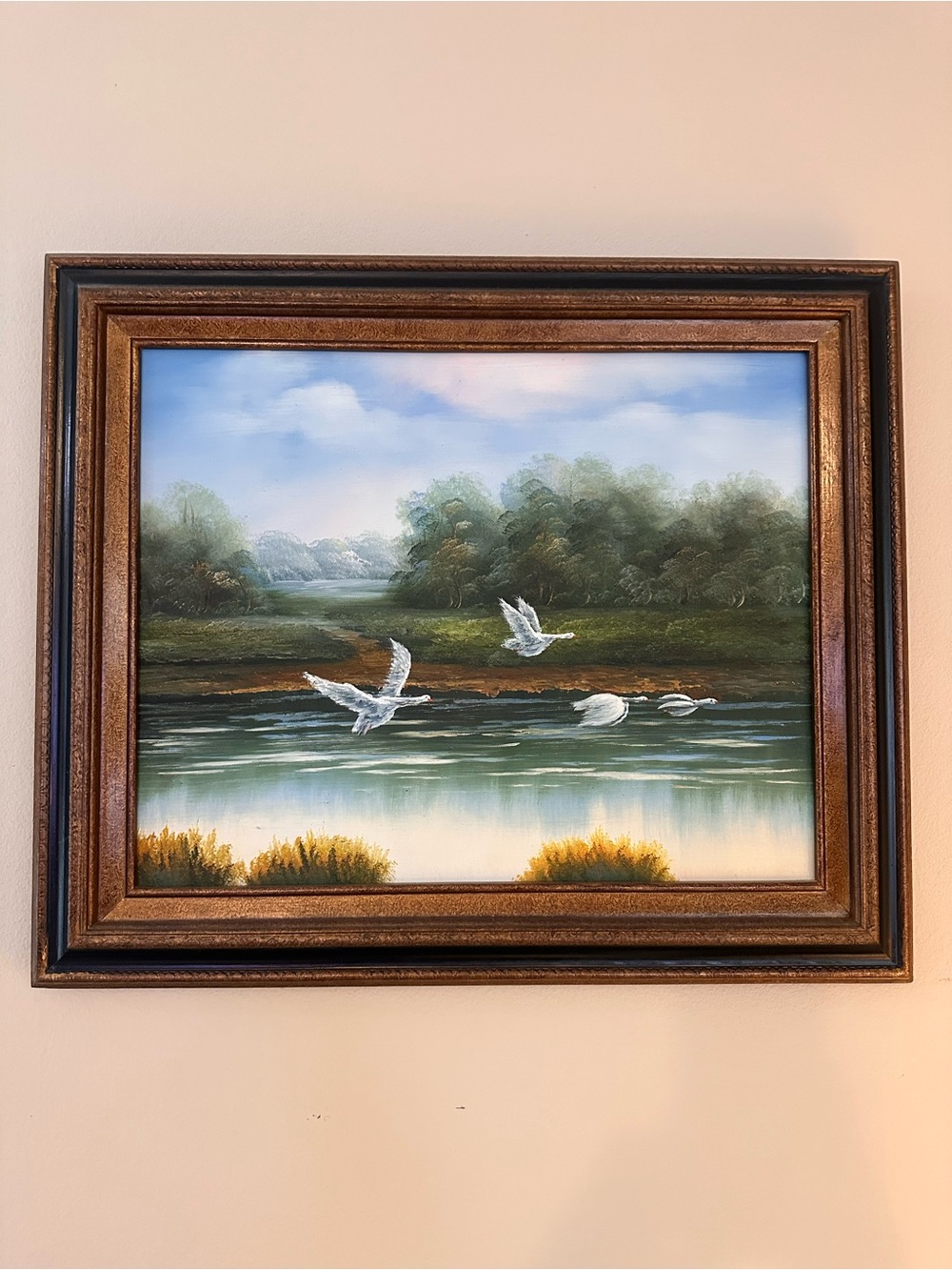 Framed Landscape Wall Art with White Birds